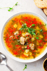 Homemade Soup with Meat and Vegeatbles, Turkey Soup in a Bowl, Comfort Food