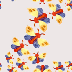 Fototapeta premium Seamless watercolor pattern with butterflies on a dark background. Summer, spring, warm season.