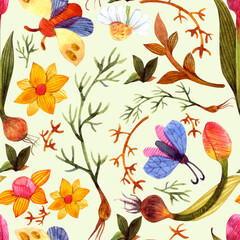 Obraz na płótnie Canvas Seamless watercolor pattern with butterflies, tulips, leaves, and chamomiles on a light background. Summer, spring, warm season.