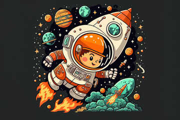 Cartoon picture of a cute astronaut piloting a rocket in the sciences and technologies, solitary. Generative AI