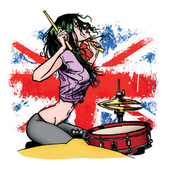 a girl musician drummer plays against the background of the British flag