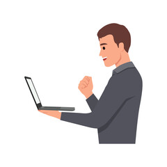 Young man holding laptop and raising his arms to celebrate success or achievement. Flat vector illustration isolated on white background