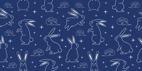 Seamless pattern with zodiacal rabbits in the sky, seamless pattern for Chinese New Year, 2023 Year of the Rabbit, pattern for gifts covers, backgrounds, invitations.