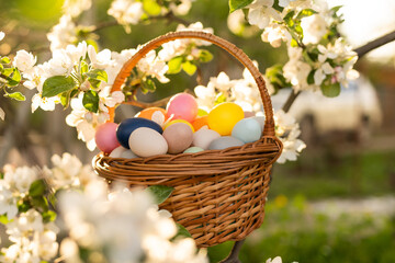 Close up of colorful Easter eggs in a basket