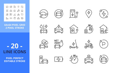 Line icons about electric vehicles. Sustainable development. Pixel perfect 64x64 and editable stroke