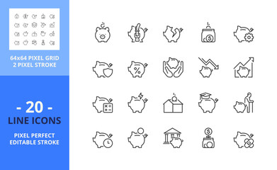 Obraz na płótnie Canvas Line icons about savings. Financial concept. Pixel perfect 64x64 and editable stroke