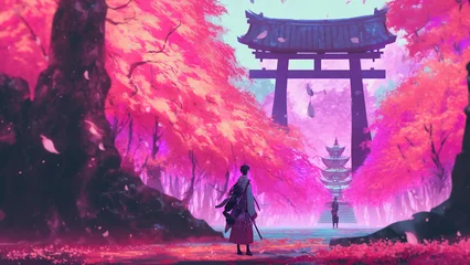 Foto op Plexiglas 4K Desktop Wallpaper of Japan, Pink, Trees and Samurai   © ArtSpree