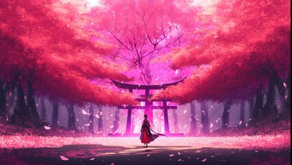 4K Desktop Wallpaper of Japan, Pink, Trees and Samurai