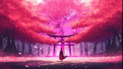 Acrylic prints Candy pink 4K Desktop Wallpaper of Japan, Pink, Trees and Samurai
