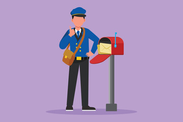 Graphic flat design drawing happy postman with thumbs up gesture standing in hat, bag, uniform, holding an envelope. Working hard to delivering mail to home address. Cartoon style vector illustration