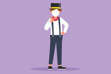 Cartoon flat style drawing male mime artist stands with thumbs up gesture, white make up face makes audience laugh with silent comedy. Entertainment worker on duty. Graphic design vector illustration