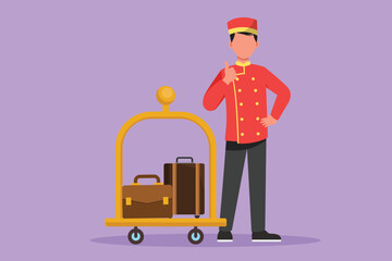 Character flat drawing doorman stood with one hand on his waist and the other with a thumbs up gesture. Male porter working with great hospitality in luxury hotel. Cartoon design vector illustration