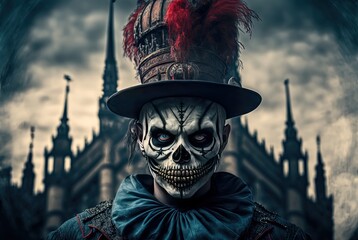 illustration of a evil clown wearing evil makeup scary face look at you with urban cityscape background