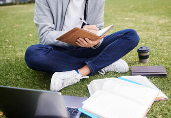 Study, laptop and student in park writing at university, college or campus for education research,...