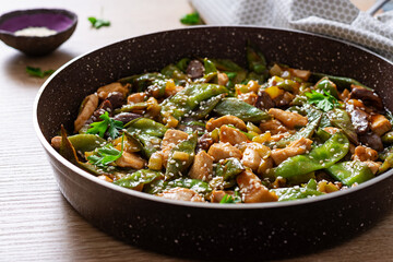 Stir fry chicken, green peas and green beans.. Asian style