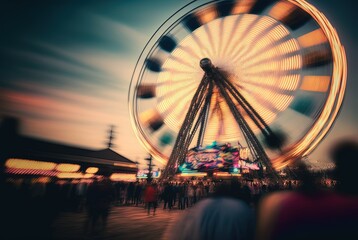 blur defocused illustration of amusement park at evening, big Ferris Wheel spinning up down 