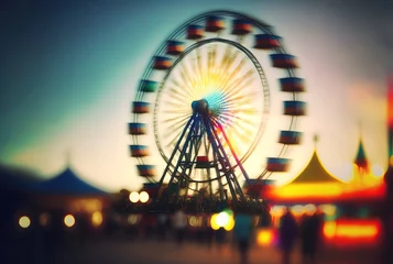 Tuinposter blur defocused illustration of amusement park at evening, big Ferris Wheel spinning up down  © QuietWord