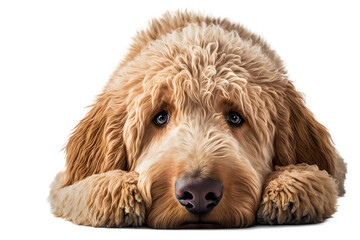 golden doodle dog lying down on isolated white background, generative ai