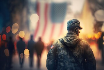 illustration in collection of career and lifestyle, live your life, a soldier wearing military uniform, walking street with U.S. national flag as background, Generative Ai