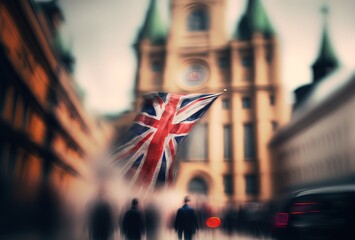 blurred background illustration of city hall with United Kingdom flag in front of the building , Generative Ai