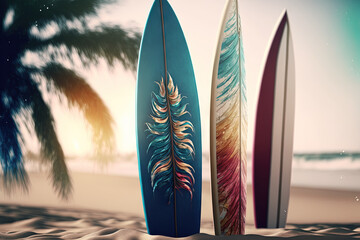 Surfboard and palm tree on tropical beach. Generative AI