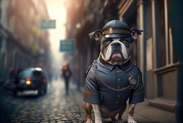 Fototapeta na wymiar illustration of a dog wearing fashion costume or disguise as police officer theme with urban cityscape as background