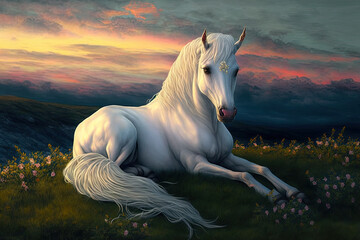 Plakat of a beautiful white unicorn lying in repose on a hill at dusk. Generative AI