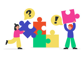 Guy and the girl are holding puzzles and looking for the right one. The cloud contains a question mark and an exclamation mark. Vector graphic.	