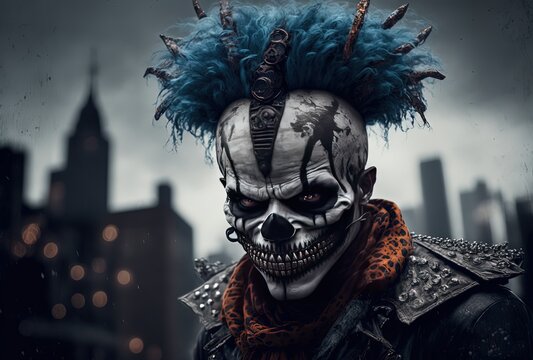 illustration of a evil clown wearing evil makeup scary face look at you with urban cityscape background	
