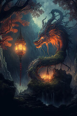 Fantasy landscape with an ancient dragon and glowing lanterns on the trees, twilight, Generative AI