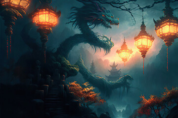 Wonderful fantasy landscape with glowing orange lanterns on the ancient trees, twilight, Generative AI