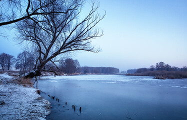 Krajobraz wodny.  Widok zimowy. Wschód słońca i zimowy poranek nad rzeką. Zamrożona rzeka. Świtanie w zimowej scenerii. Mroźny poranek. Tło natury. - obrazy, fototapety, plakaty