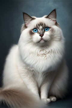 cute white ragdoll cat sitting and looking at the camera, Generative AI
