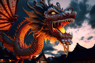 Fototapeta na wymiar Fantasy chinese dragon in the twilight sky with clouds background, Chinese Lantern Festival, Generative AI