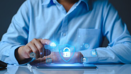 Network security system. Personal Data information on Tablet. Information and cyber security Technology Services. Internet Technology. Digital data protection. Cyber Padlock security application.