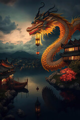 Fototapeta premium Yellow chinese dragon with a glowing lantern in the sky above the town and the lake, fantasy twilight scene, Generative AI
