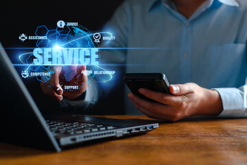 Business service online digital technology. Businessman touching digital globe hologram. Quality business relationship. customer service advice and support. Technology robot assistance online services