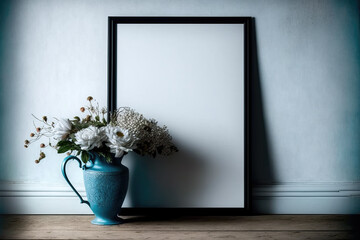frame with vase of flowers on a blue wall