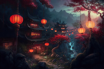 Beautiful fantasy mountain chinese village decorated for the Chinese Lantern Festival with glowing lanterns, twilight scene, Generative AI
