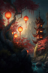Wonderful fantasy landscape with a chinese house with a decorative roof on the mountains and orange chinese lanterns on the sakure tree, Chinese Lantern Festival, Generative AI