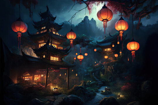 Beautiful fantasy mountain chinese town decorated for the Chinese Lantern Festival with orange glowing lanterns, night scene, Generative AI