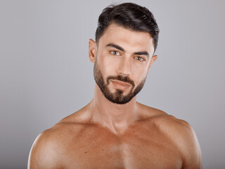 Man, face with beauty and skin in portrait, muscle and glow with cosmetic skincare treatment...