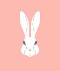 White Rabbit. The head of a white rabbit with long ears and blue eyes. Vector illustration isolated on a pink background. Sticker, postcard, invitation for Easter holiday decor.