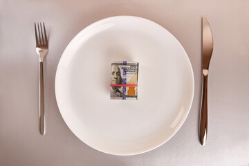 A white plate with a roll of dollars, a fork and a knife on a gray background.