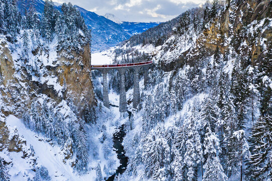 Bernina Express train on Landwasser Viaduct, Filisur, Switzerland