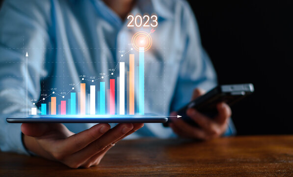 Growth And Development Chart Of Company In New Year 2023. Planning, Long Term Investment, Opportunity, Challenge And Business Strategy In New Year 2023. Development To Success And Motivation.