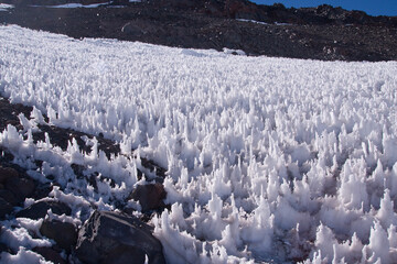 A field of the penitentes snow formation in the Andes mountains of Chile
