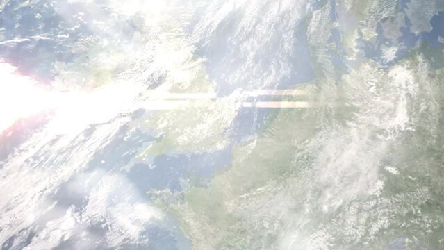 Earth zoom in from outer space to city. Zooming on Solihull, UK. The animation continues by zoom out through clouds and atmosphere into space. Images from NASA