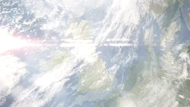 Earth zoom in from outer space to city. Zooming on Gateshead, UK. The animation continues by zoom out through clouds and atmosphere into space. Images from NASA