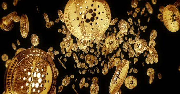 Cardano ADA cryptocurrency isolated flying between golden coins background. Rotating golden metal coins loop abstract concept pattern. Loopable and seamless 3d animation.